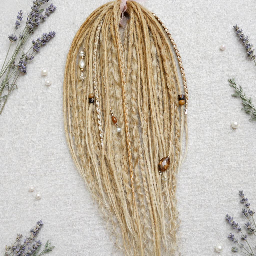 Honey blonde double ended synthetic dreadlocks with loose curls