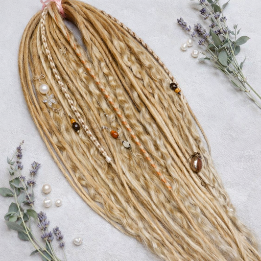 Honey blonde double ended synthetic dreadlocks with loose curls