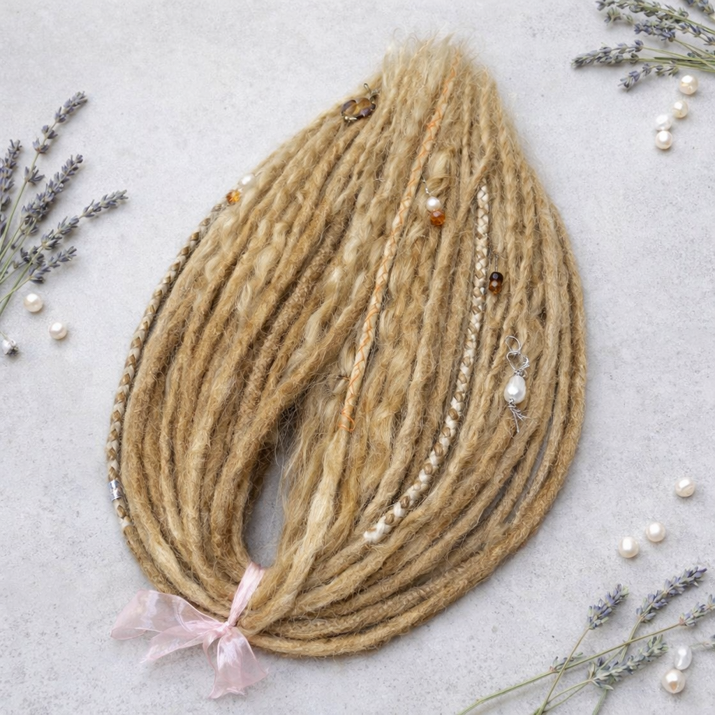 Honey blonde double ended synthetic dreadlocks with loose curls