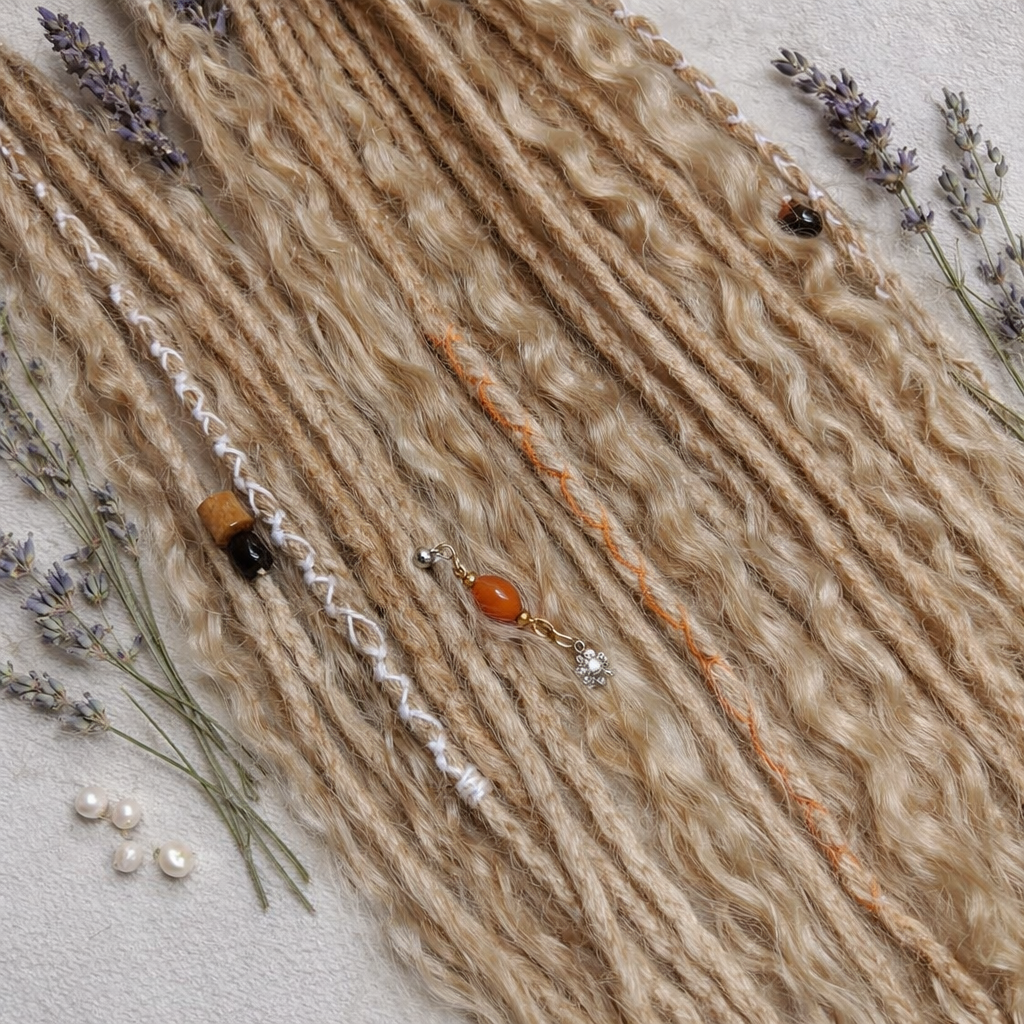 Honey blonde double ended synthetic dreadlocks with loose curls