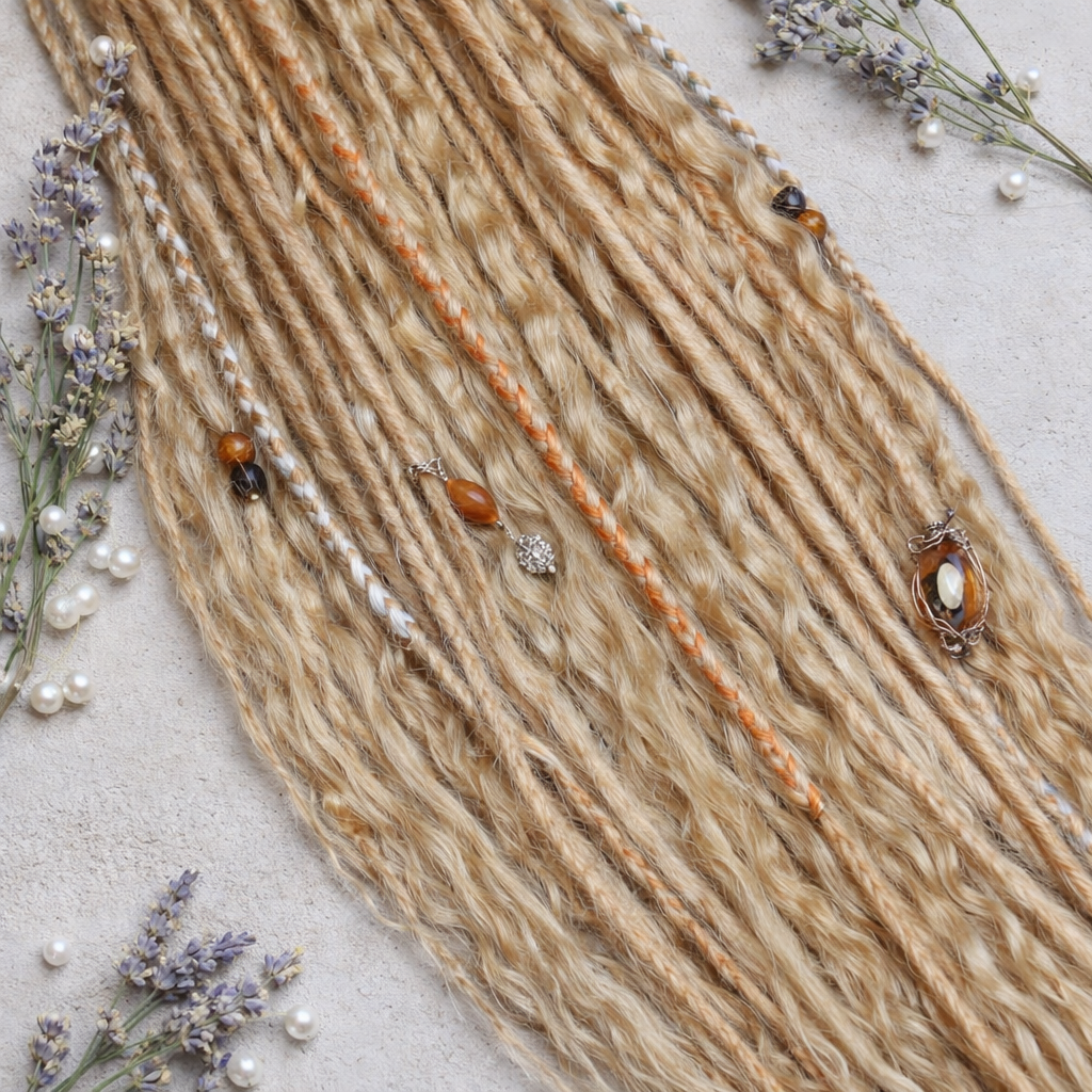 Honey blonde double ended synthetic dreadlocks with loose curls