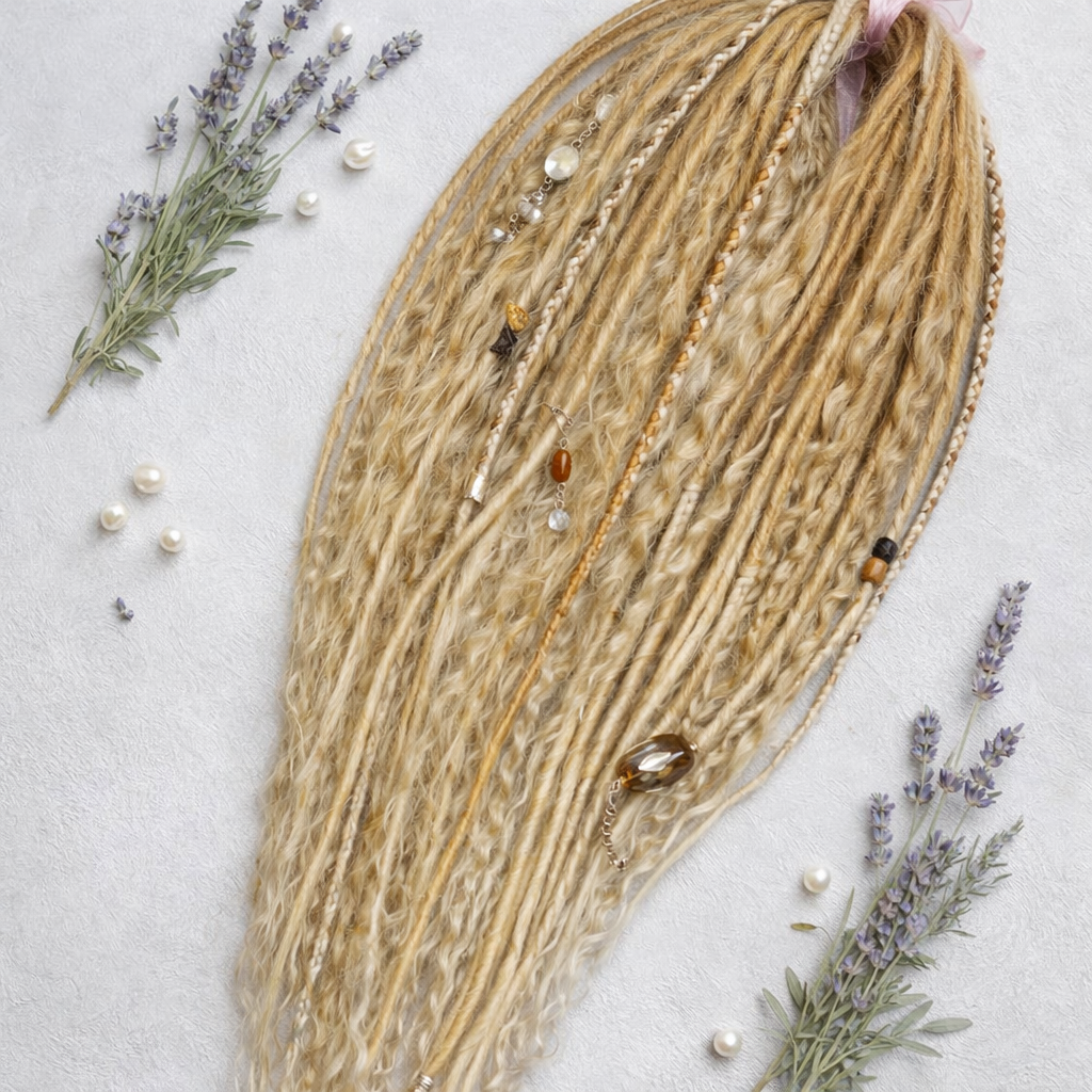 Honey blonde double ended synthetic dreadlocks with loose curls