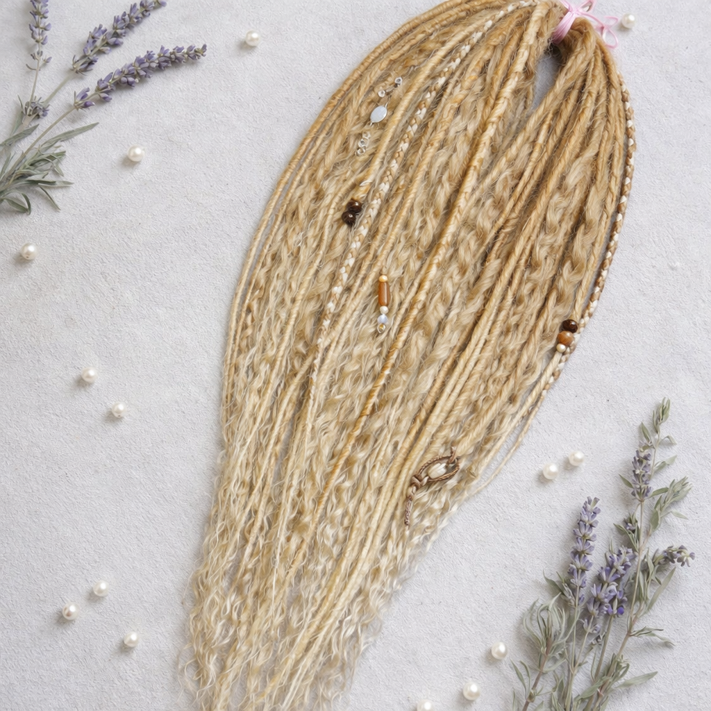 Honey blonde double ended synthetic dreadlocks with loose curls