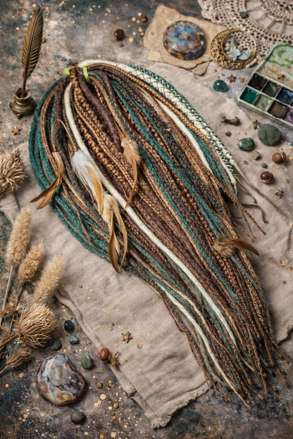 Brown, Blonde & Green Double Ended Boho Fake Dreads – Forest Inspired Set