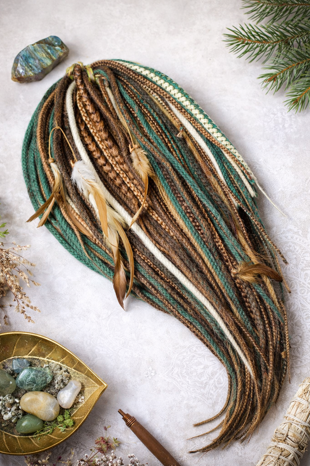 Brown, Blonde & Green Double Ended Boho Fake Dreads – Forest Inspired Set