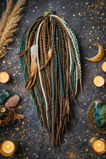 Brown, Blonde & Green Double Ended Boho Fake Dreads – Forest Inspired Set