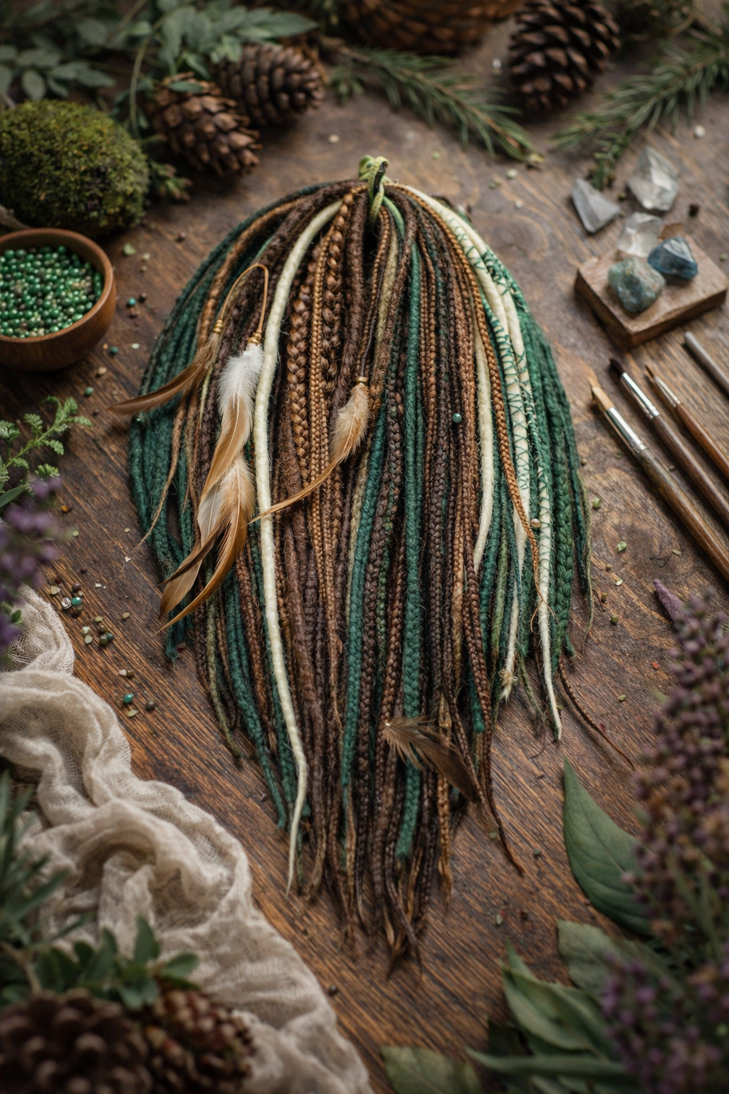 Brown, Blonde & Green Double Ended Boho Fake Dreads – Forest Inspired Set