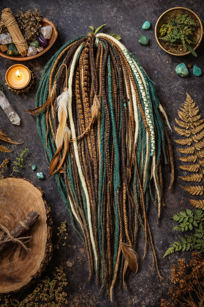 Brown, Blonde & Green Double Ended Boho Fake Dreads – Forest Inspired Set