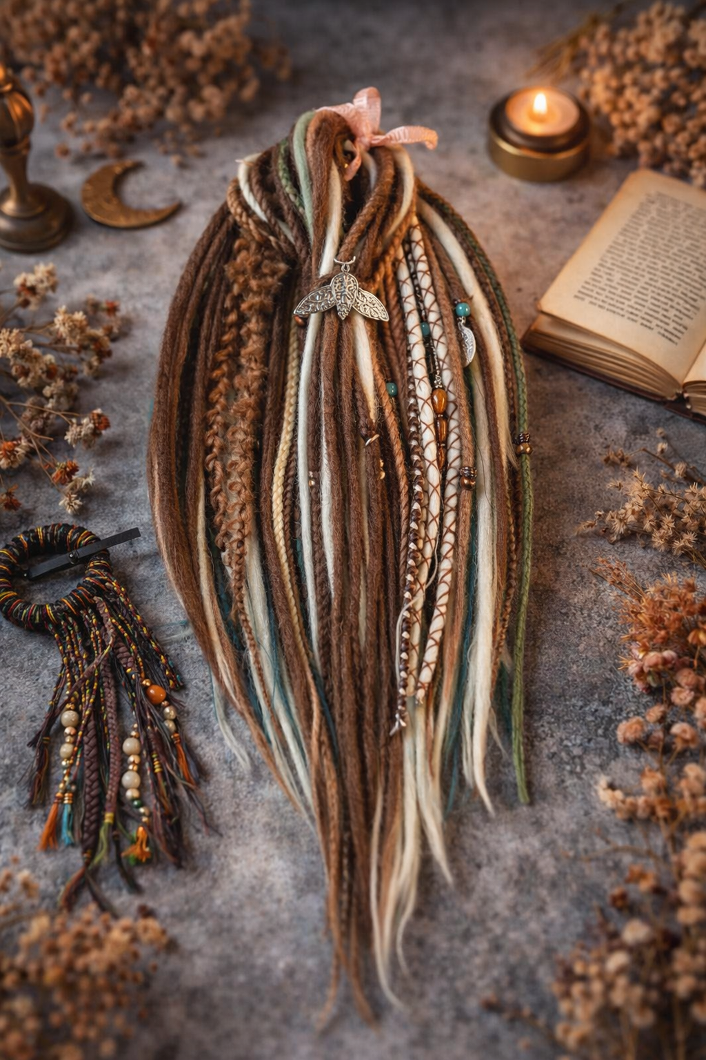 Forest Dreadlock Extensions Brown Blonde Green – Boho Fake Dreads and Braids Set