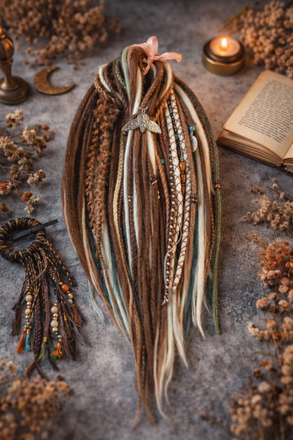 Forest Dreadlock Extensions Brown Blonde Green – Boho Fake Dreads and Braids Set