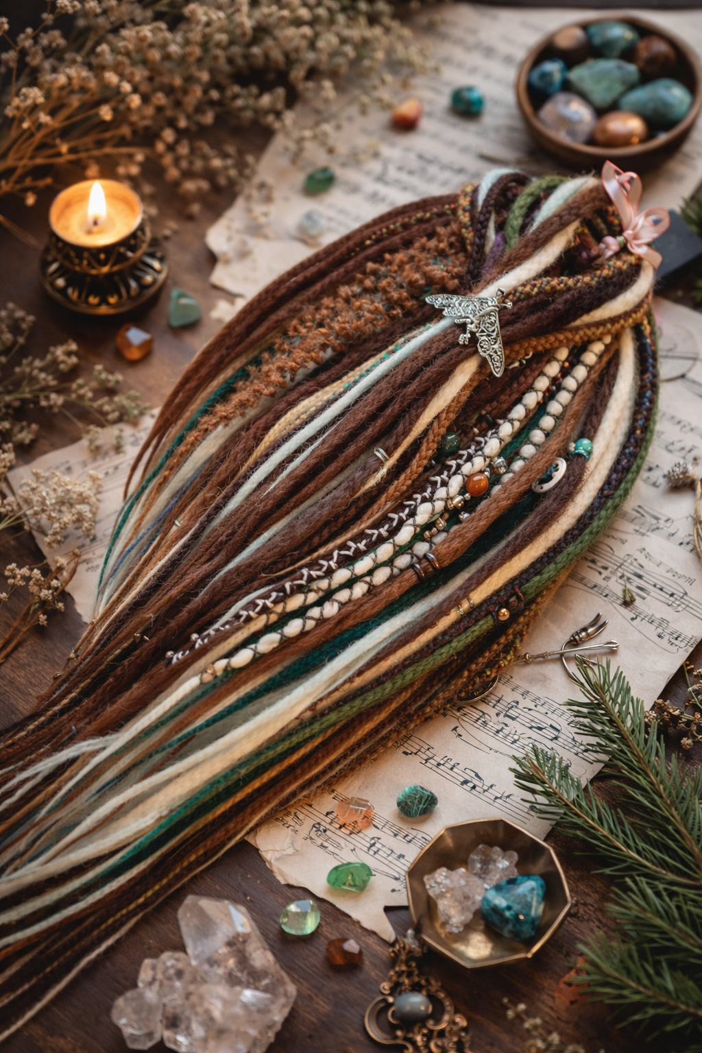 Forest Dreadlock Extensions Brown Blonde Green – Boho Fake Dreads and Braids Set