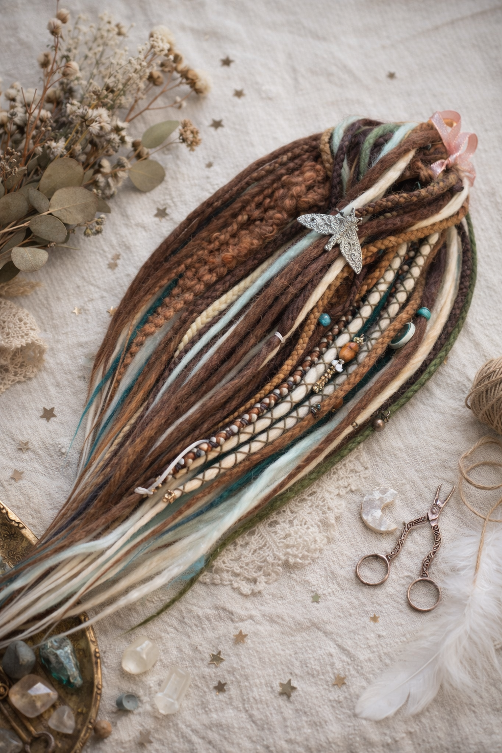 Forest Dreadlock Extensions Brown Blonde Green – Boho Fake Dreads and Braids Set
