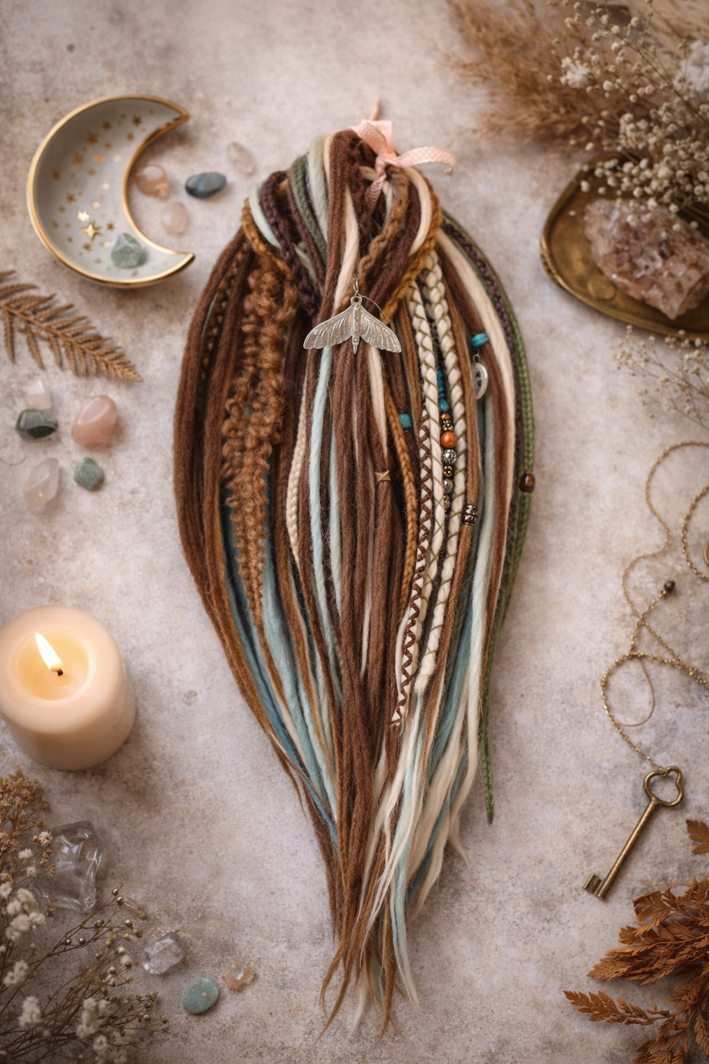 Forest Dreadlock Extensions Brown Blonde Green – Boho Fake Dreads and Braids Set