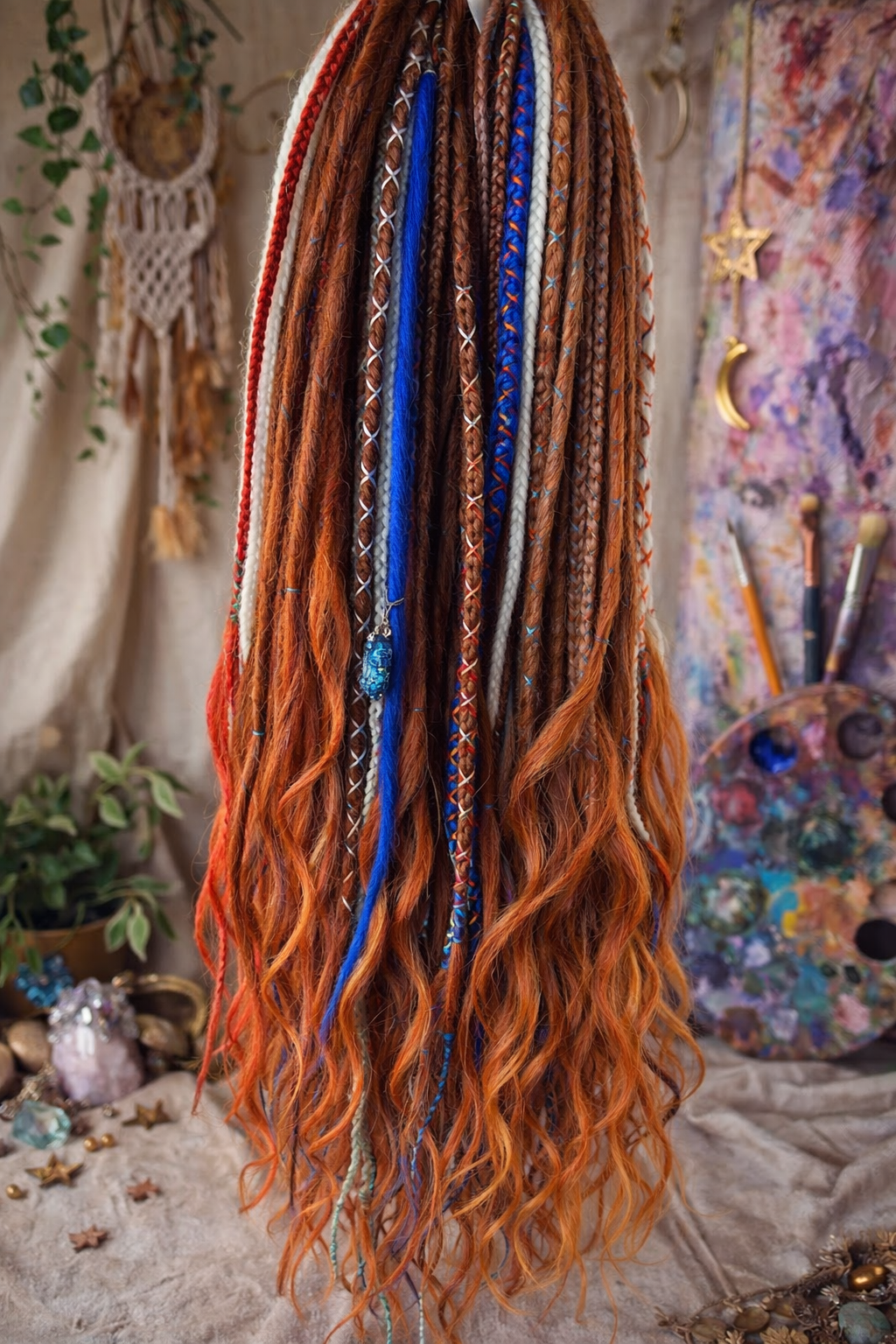 Kupferrotbraune Dreadlock-Extensions mit Locken – Weiche Synthetik-Dreads, leicht
