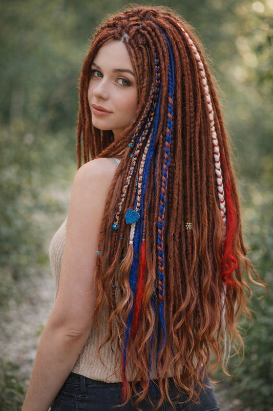 Copper Auburn Dreadlock Extensions with Curls – Soft Synthetic Dreads, Lightweight