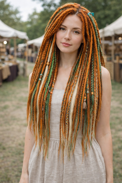 Boho Copper Green Blonde Double Ended Dreadlocks – Forest Style Synthetic DE Set