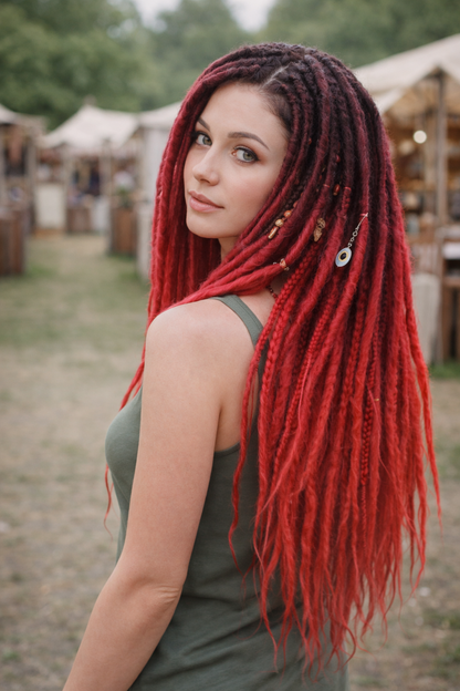 Boho Black to Red Ombre Double Ended Dreadlocks – Synthetic DE Dreads and Braids Set