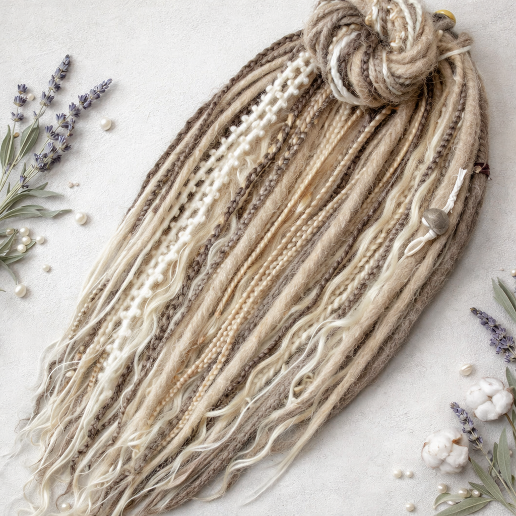 Textured yarn with a knot on a light background with decorative elements