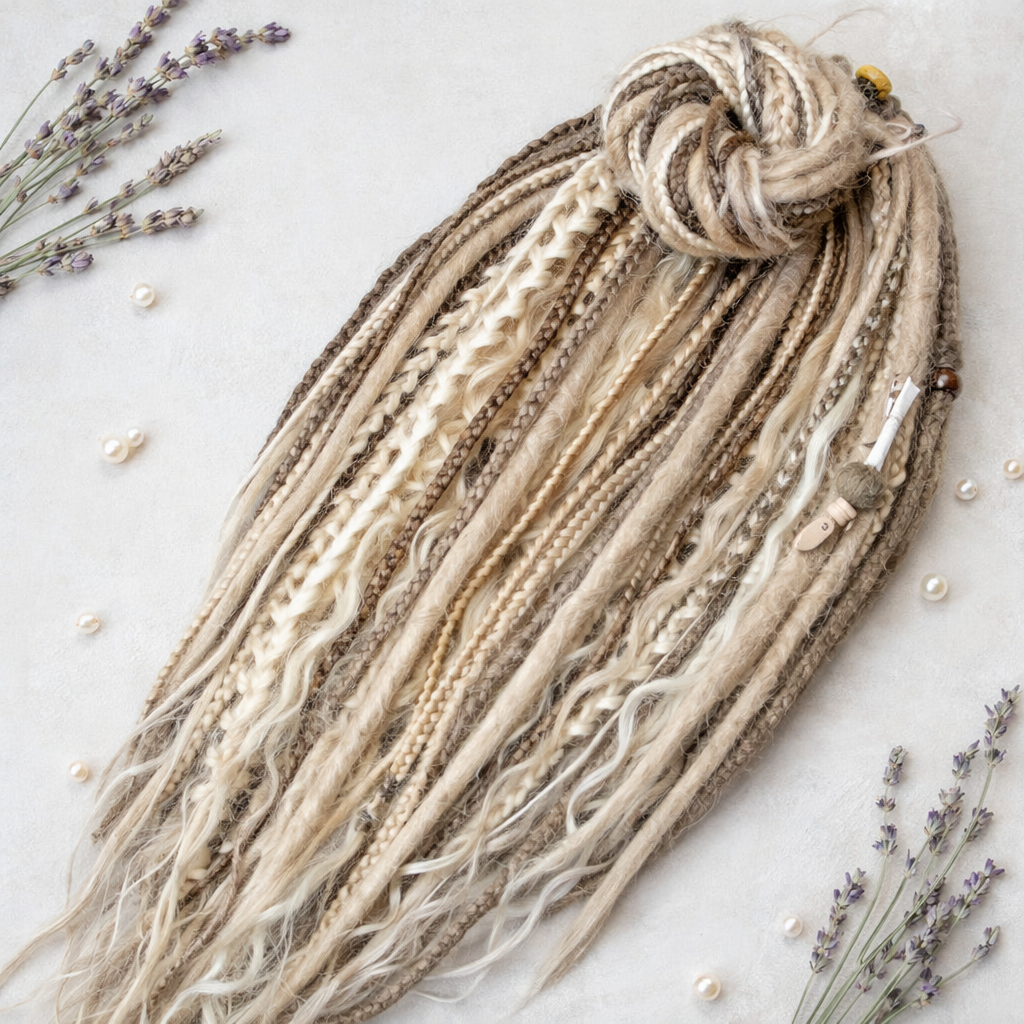 Braided hair extensions with decorative elements on a light background