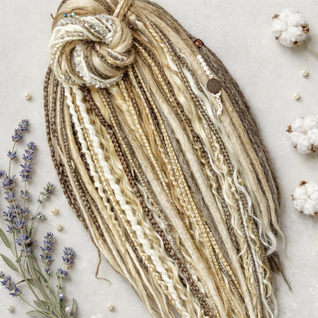 Textured yarn skein with decorative elements on a light background