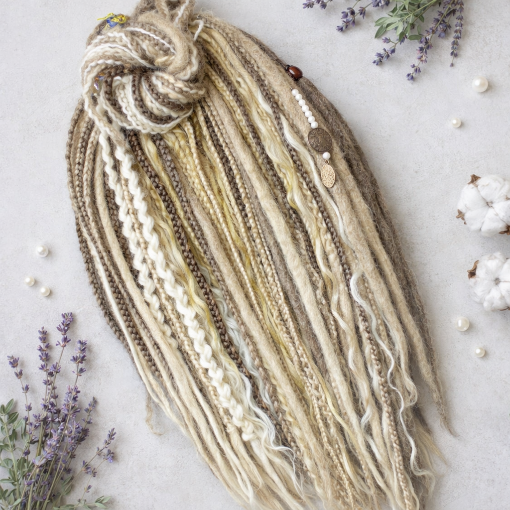 Textured fabric with natural fibers and beads on a light background with flowers and cotton balls.