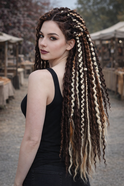 Boho Curly Dreads Dark Brown & Cream – Double Ended Synthetic Dread Extensions