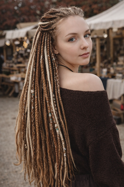 Warm Brown & Milky Blonde Boho Fake Dreads and Braids Mix – Multi-Tone Double Ended Extensions