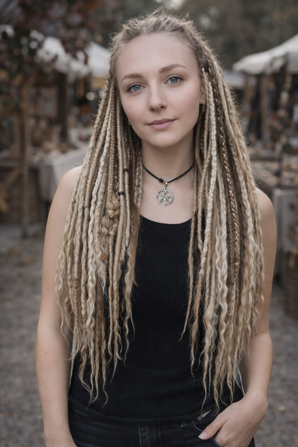Person with long blonde braids wearing a black top outdoors.