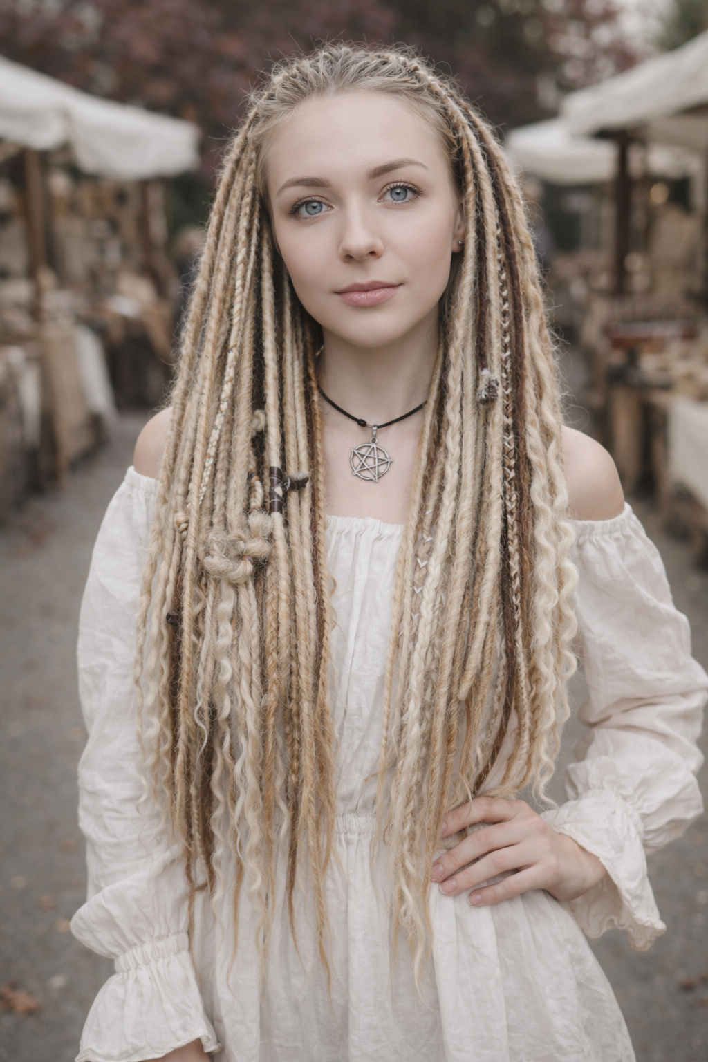 Woman with long blonde braided hair wearing a white dress outdoors.