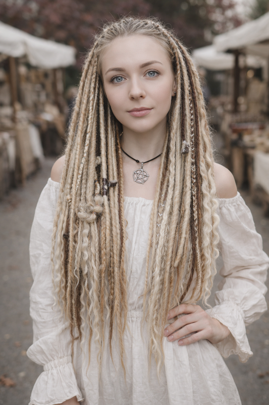 Woman with long blonde braided hair wearing a white dress outdoors.