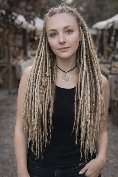 Person with long blonde braids wearing a black top outdoors.
