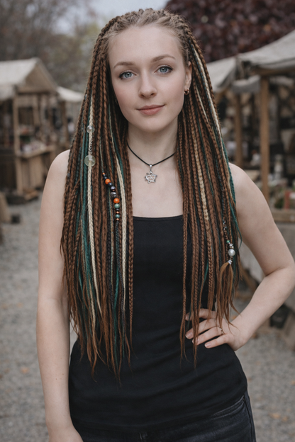 Brown Blonde Green Boho Fake Dreads – Double Ended Synthetic Dreads, Forest Look