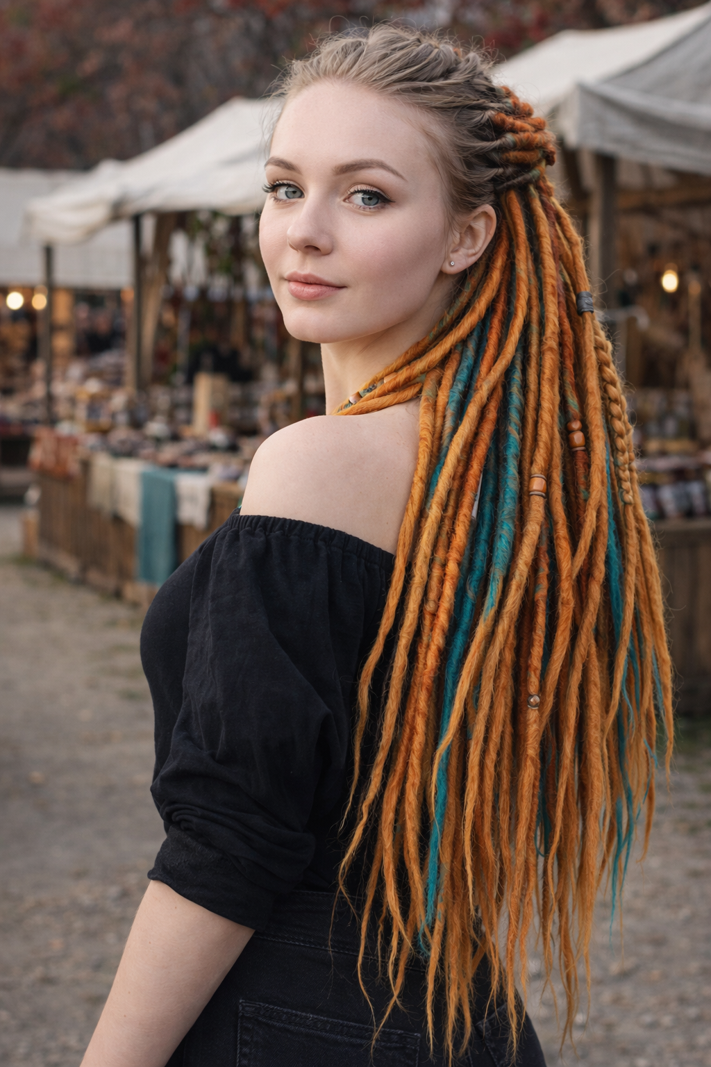 Woman wearing long orange and teal double ended synthetic dreadlock extensions, 70cm handmade crochet dreads