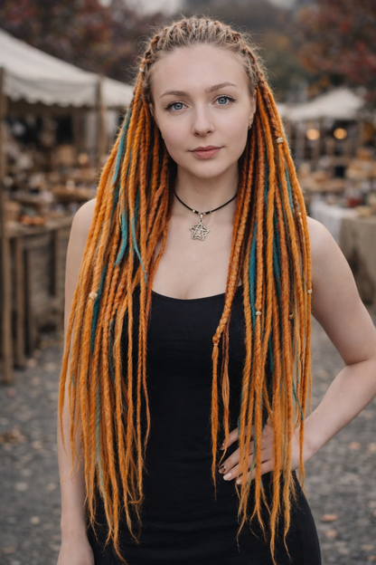 Woman wearing long orange and teal double ended synthetic dreadlock extensions, 70cm handmade crochet dreads