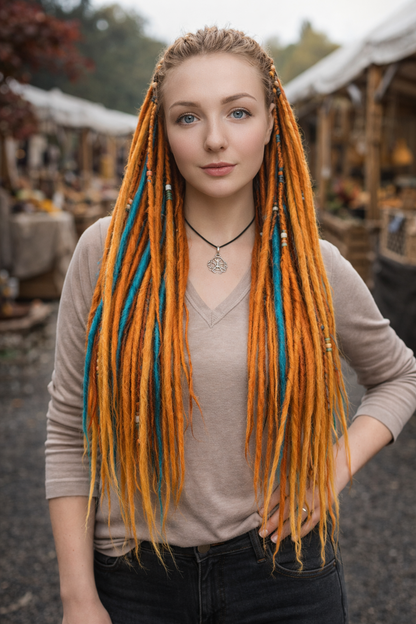Woman wearing long orange and teal double ended synthetic dreadlock extensions, 70cm handmade crochet dreads