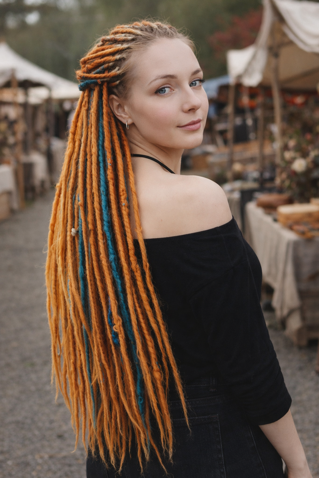 Woman wearing long orange and teal double ended synthetic dreadlock extensions, 70cm handmade crochet dreads
