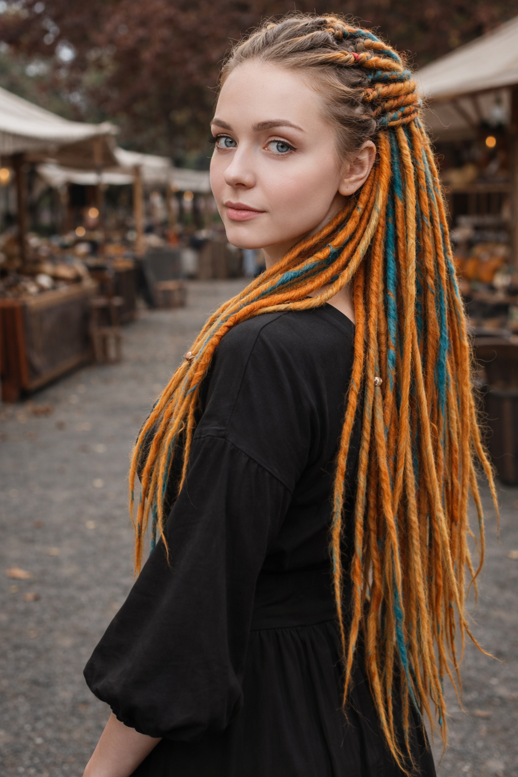 Woman wearing long orange and teal double ended synthetic dreadlock extensions, 70cm handmade crochet dreads