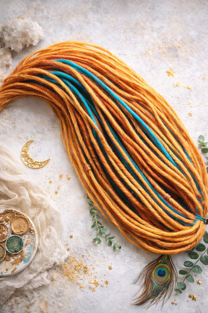 long orange and teal double ended synthetic dreadlock extensions, 70cm handmade crochet dreads