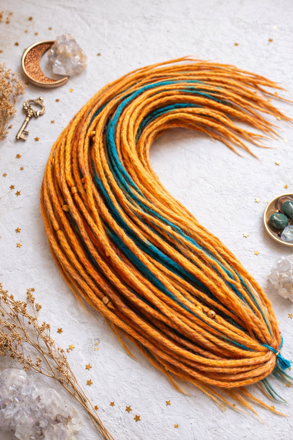 long orange and teal double ended synthetic dreadlock extensions, 70cm handmade crochet dreads