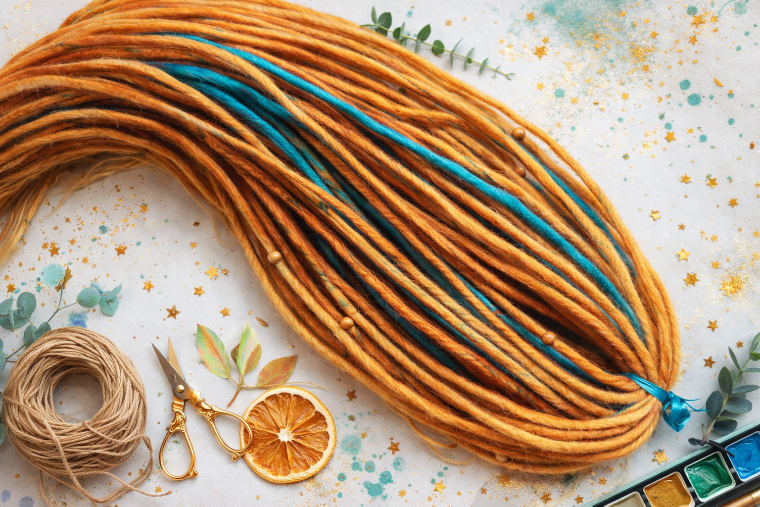  long orange and teal double ended synthetic dreadlock extensions, 70cm handmade crochet dreads