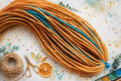  long orange and teal double ended synthetic dreadlock extensions, 70cm handmade crochet dreads
