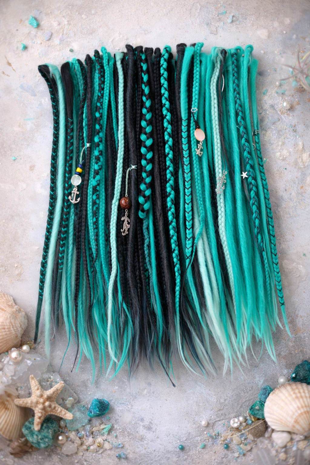 Boho Teal & Black Split Double Ended Dreadlocks – Synthetic DE Dreads and Braids Set