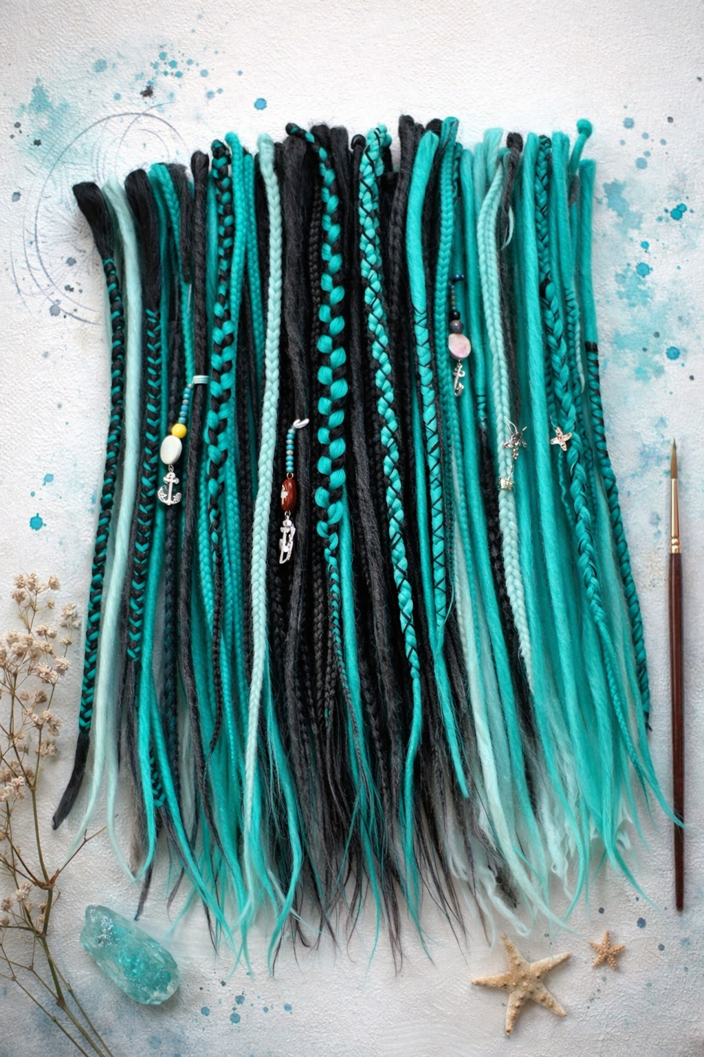 Boho Teal & Black Split Double Ended Dreadlocks – Synthetic DE Dreads and Braids Set
