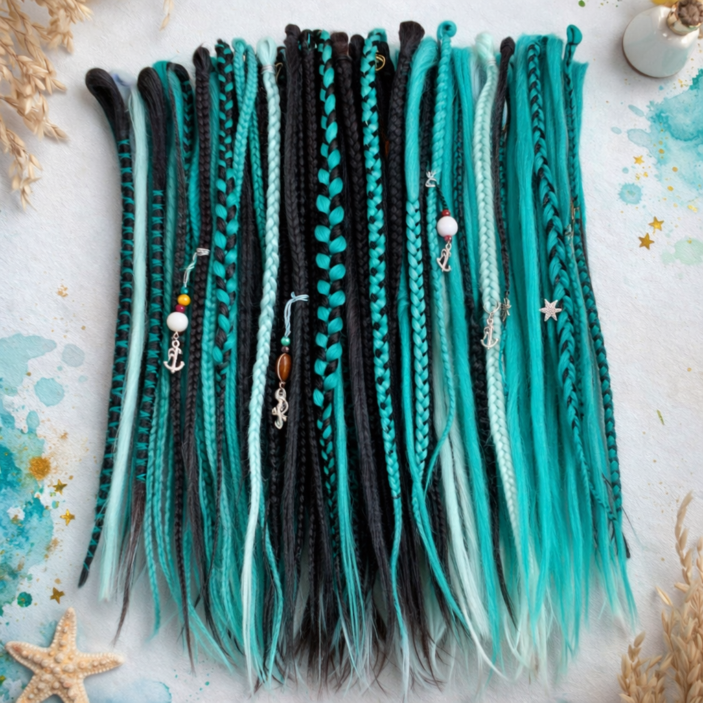 Boho Teal & Black Split Double Ended Dreadlocks – Synthetic DE Dreads and Braids Set