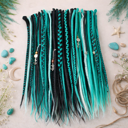 Boho Teal & Black Split Double Ended Dreadlocks – Synthetic DE Dreads and Braids Set