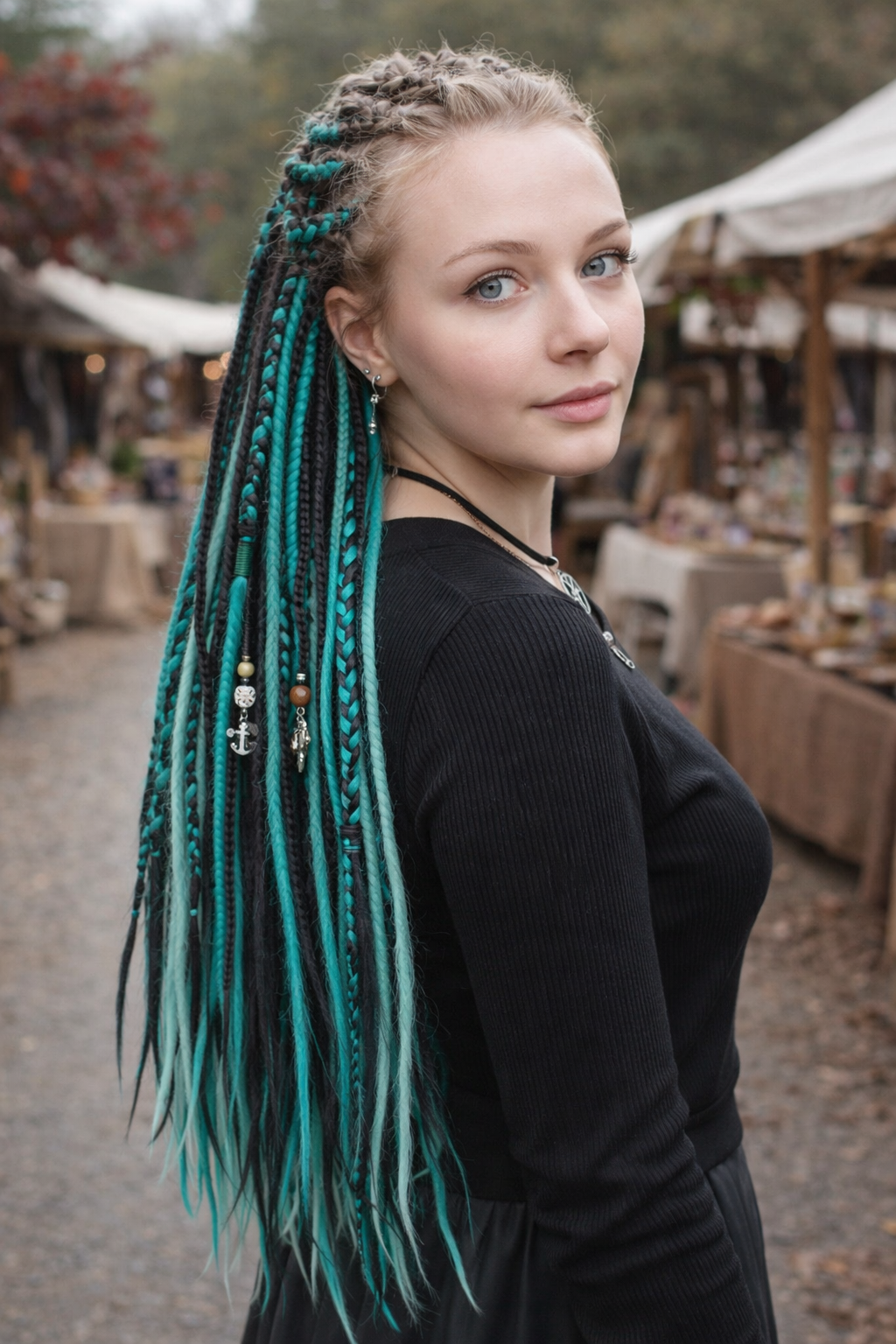Boho Teal & Black Split Double Ended Dreadlocks – Synthetic DE Dreads and Braids Set