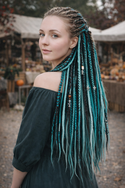 Boho Teal & Black Split Double Ended Dreadlocks – Synthetic DE Dreads and Braids Set