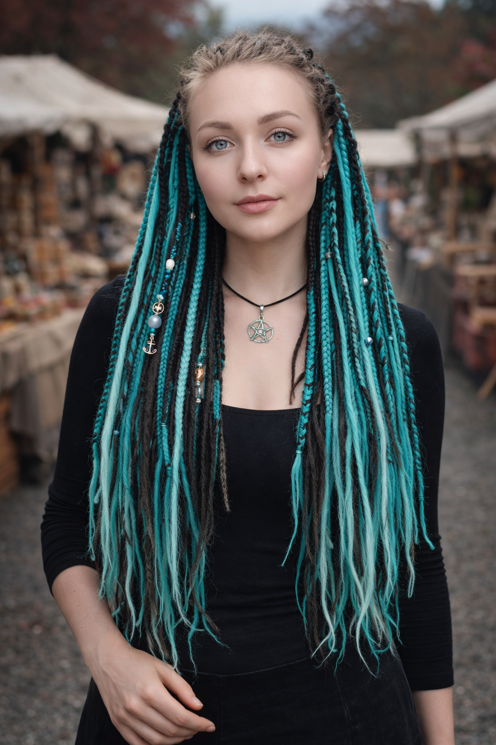 Boho Teal & Black Split Double Ended Dreadlocks – Synthetic DE Dreads and Braids Set