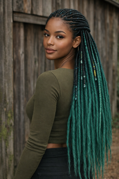 Black to Emerald Green Ombre Dreads and Braids Set