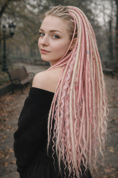 Pink & Milk Blonde Double Ended Boho Fake Dreads – Boho DE Dreads, Braids and Curls Set